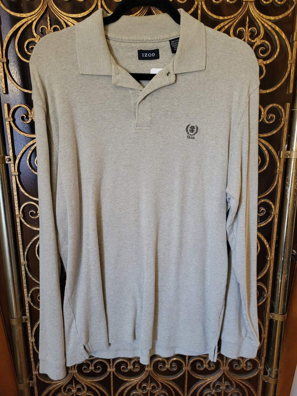 Izod Long Sleeve Polo Shirt Medium Beige 100% Cotton